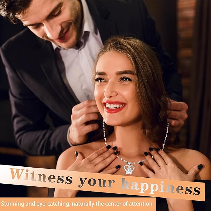 Yuelove Infinity Necklace for Women, 925 Sterling Silver Heart Necklace with 5A Zircon, White Gold Plated Adjustable Chain, Gift for Valentine's Day, Birthday, Anniversary for Wife, Girlfriend, Mom