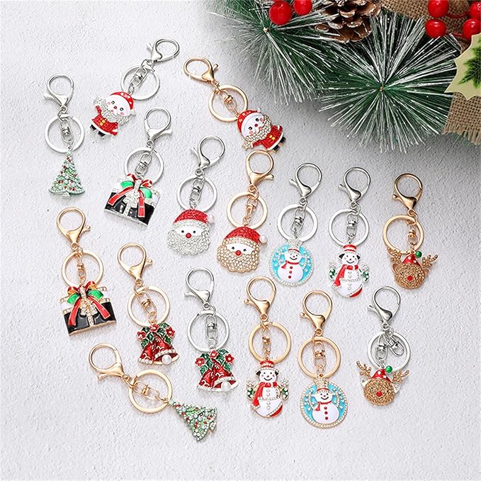 Dreuyet Christmas Keychain Rhinestone Crystal Christmas Tree Santa Purse Bag Handbags Charms for Women Lady Friends