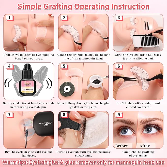Lash Kit for Eyelash Extension Beginners Eyelash Extension Kit with Lash Mannequin Head, Eyelash Extension Practice Starter Kit with Everything USB Fan Lash Glue False Eyelash Lash Shampoo