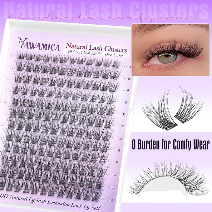 Yawamica Lash Clusters Kit Natural Lash Extension Kit 8-14mm Short Eyelash Clusters C Curly Wispy Individual Lashes with Waterproof Lash Bond and Seal and Lash Tweezers DIY Lash by Self