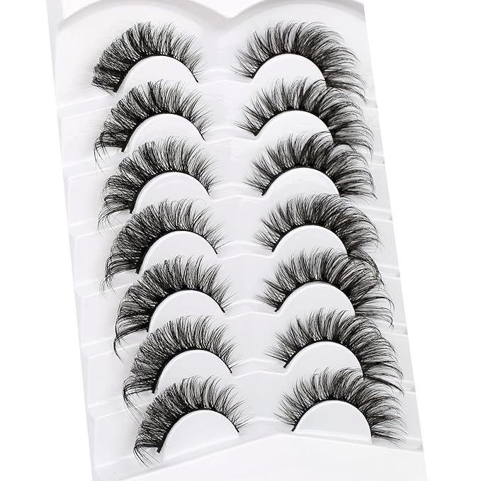 Poolunch False Eyelashes Cat Eye Lashes 8D Volume Wispy Natural Crossed Fake Eyelashes Faux Mink Lashes Strips 7 Pairs Pack