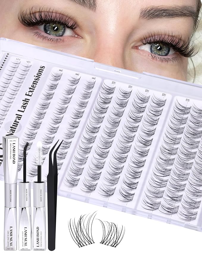 ALICE Short Lash Clusters Kit 8mm-10mm-12mm Natural Clear Band Cluster Eyelash Extension Kit Wispy Eyelash Clusters Kit with Bottom Lashes Bond and Seal DIY at Home