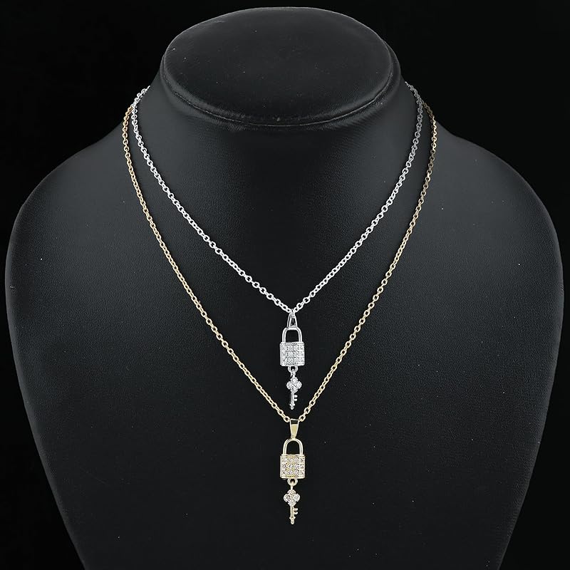 JOR Lock & Key Charm Pendant Necklace, CZ, Men & Women Unisex Jewelry, Dainty Gold & Silver Plated Combo Chain 18 inch (Pack of 2)