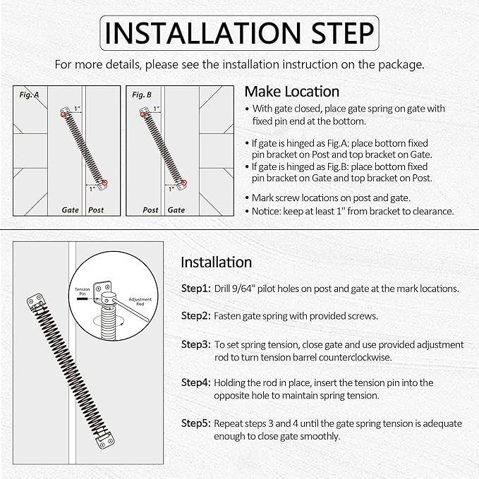11-1/2" Gate Spring Self Closing, Heavy Duty Black Door Closer Spring, Adjustable Tensioner Automatic Outdoor Gate Closure, Gate Spring Hardware for Wooden and Vinyl Fence, 1 Pack