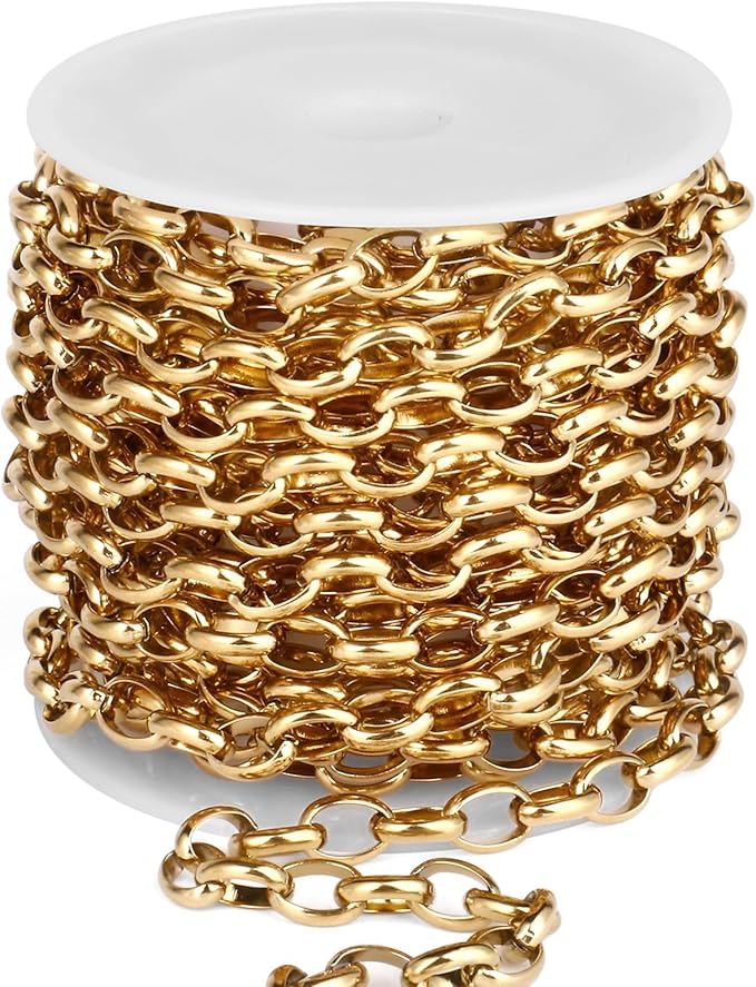 16.5FT Gold Oval Rolo Chains Roll, 5.5mm Width 18K Gold PVD Plated 304 Stainless Steel Oval Cable Link Chain Bulk Spool for Jewelry Making DIY Craft