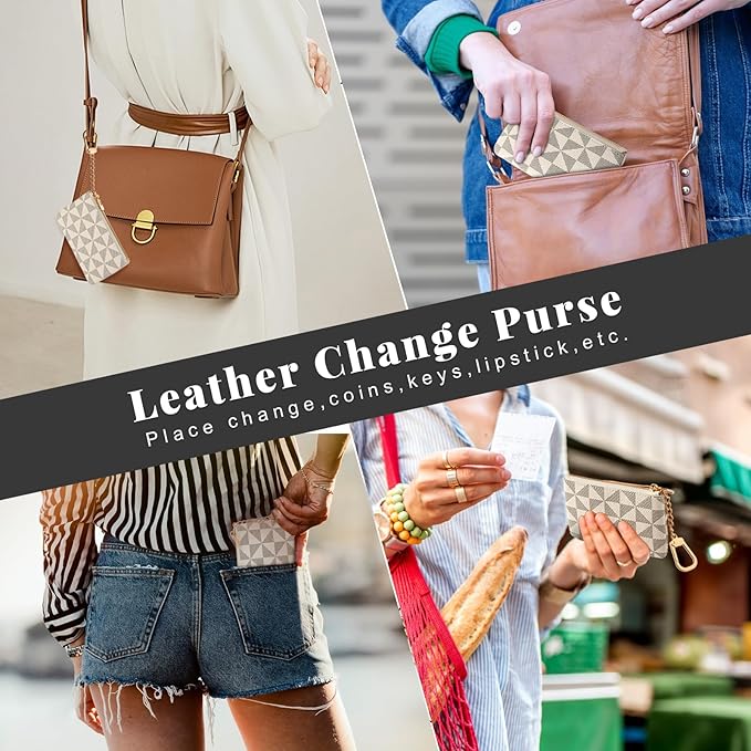 Leather Coin Purse for Women with KeyChain Small Zipper Change Purse coin Pouch Card Holder Wallet Clutch for Women & Men (White)