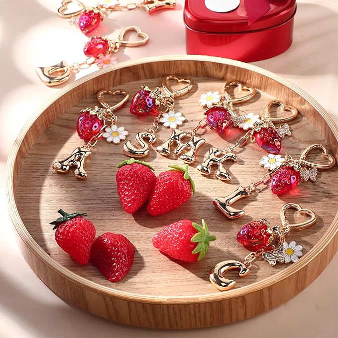 Strawberry Initial Keychain for Women-Cute Kawaii Gold Alphabet Bag Charms, Key chain Gift for Purse Handbag