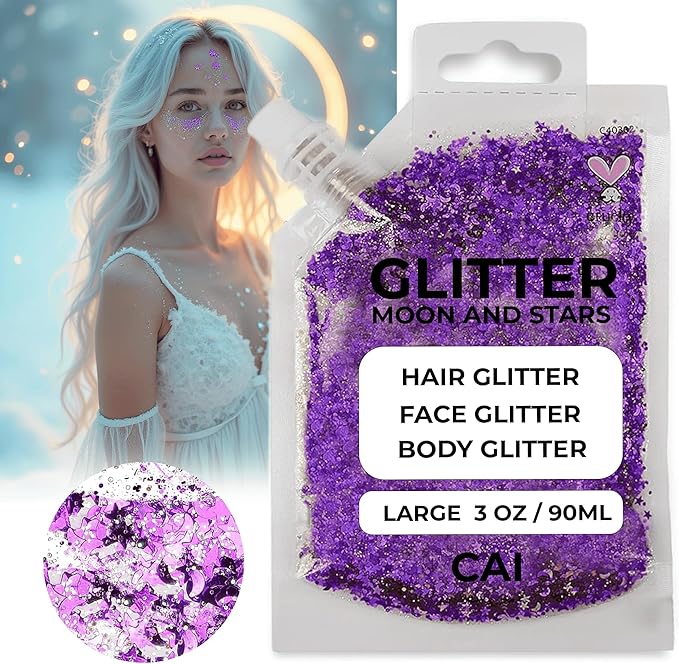 Face, Body & Hair Glitter Gel – Halloween Glitter for Kids and Women – 3 Oz Cosmetic-Grade Gel w/Moon & Stars for Festivals & Halloween Party, Easy Apply & Wash Off - Purple/Silver 2Pack
