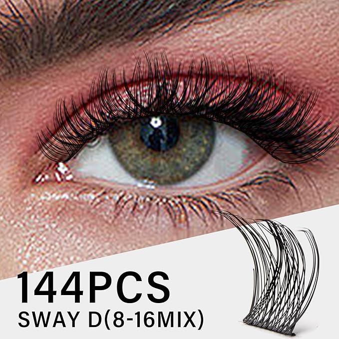VYRILA Lash Clusters 8-16mm, False Eyelashes 144pcs, Cluster Eyelash Extensions Matte Black Soft, Diy Lash Extensions D Curl Natural Lash Clusters Faux Mink Lashes Wispy๏ผSway,144pcs,0.07,D,8-16MIX)