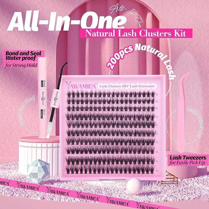 Yawamica Natural Lash Clusters Kit Wispy Eyelash Extension Kit CC Curly Eyelash Clusters Fluttery 10-14mm Individual Lashes with Waterproof Lash Bond and Seal and Lash Tweezers DIY Lash Extension Kit