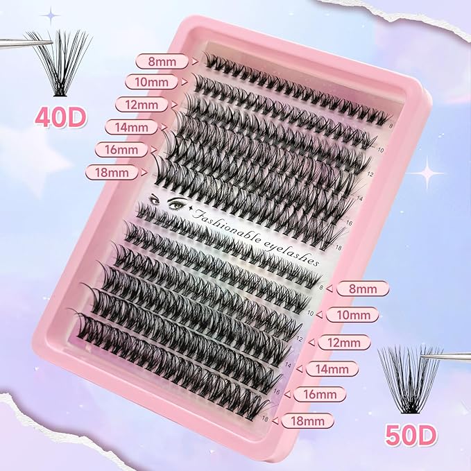 DIY Lash Extension Kit 240pcs Lash Clusters Eyelash Extension Kit, 8-16mm 40D+50D Individual Lashes Kit with Lash Bond and Seal, Lash Tweezers for Self Use (40D&50D, 0.07D, 8-16mm, Kit)