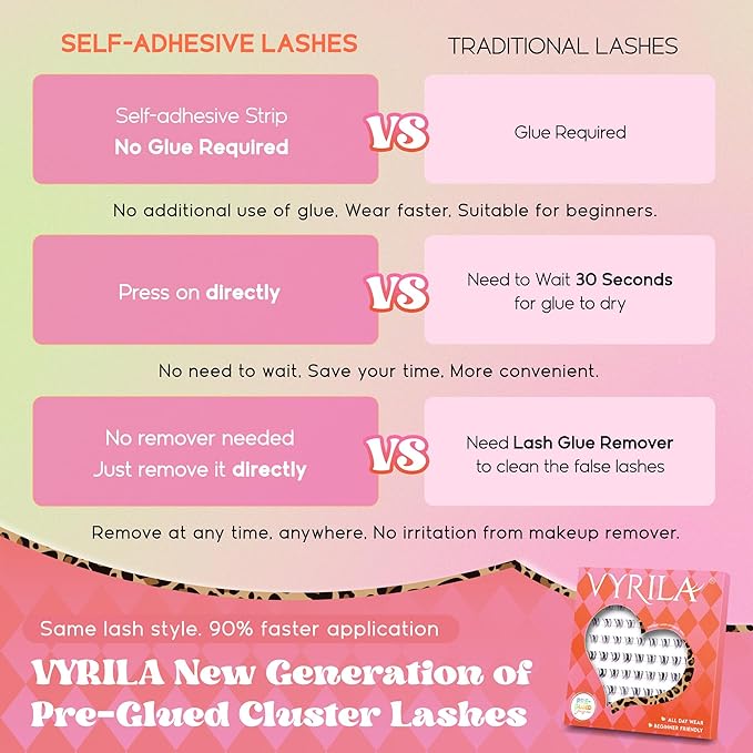 VYRILA Self Adhesive Bottom Lashes, Pre Glued No Glue Lower Lash Clusters, Ultra Thin Invisible Band, Natural Wispy Under Lash Extensions, Easy Apply for Beginners(PG-ZE93-6-7mm)