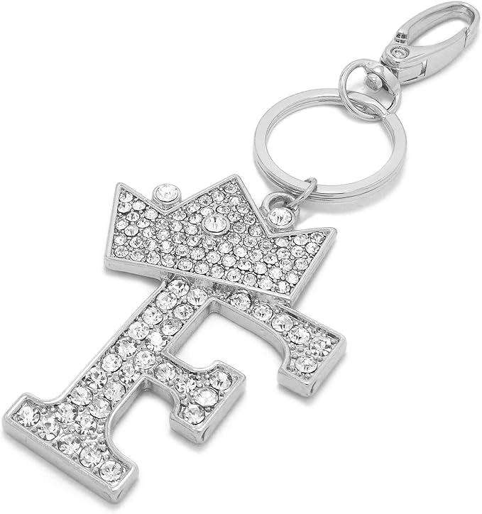 CBC Crown Crystal Rhinestone Letter Initial Keychain, Gold Metal, Bag Charm with Key Ring Approx. 2.17" x 2.56"