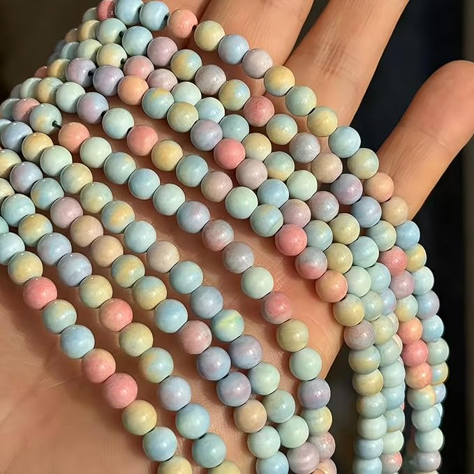 MJDCB Natural Stone Beads 6mm 60pcs Round Rainbow Stone Loose Gemstone Bead Charms for Jewelry Making Bracelet Necklace Earring Pendant