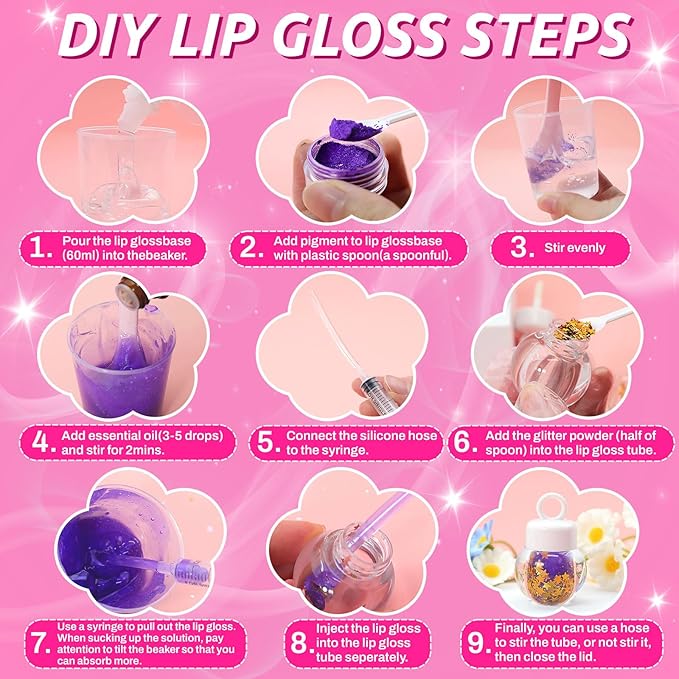 WhizToys 74PCS DIY Lip Gloss Making Kit,Make Your Own Lip Glosses Set Moisturizing Lip Glaze Handmade Glittery Set for Makeup Lover Beginner Teen Girl Gifts,200ml Lipgloss Base