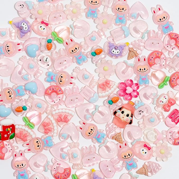Charms 100PCS Mixed Kawaii Flatback Resin Charms for Crafts, Cabochon for DIY Projects, Slime Charm, Resin Art, Scrapbooking, Phone Case & Accessories (Light Pink)