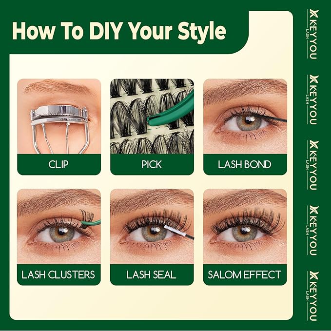 KEYYOU DIY Lash Extension Kit 300pcs Soft Lash Clusters 60D C Curl Easy to Apply with Lash Bond and Seal Lash Applicator Lash Remover Eyelash Extension Kit at Home(RMkit-60D-C-9-18mix)