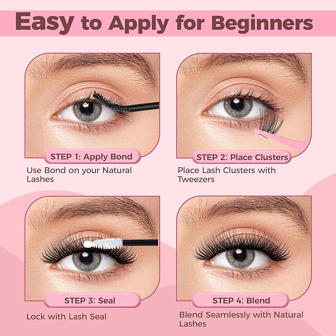 FENG BEAUTY DIY Lash Clusters Kit, 240PCS 30D+40D Mixed Lengths 10–16mm, Natural Wispy Fluffy Look, 2-in-1 Bond&Seal+Precision Tweezer, Lashes Extension Kit (0.07D, 10-16mm, Individual Lashes Kit)