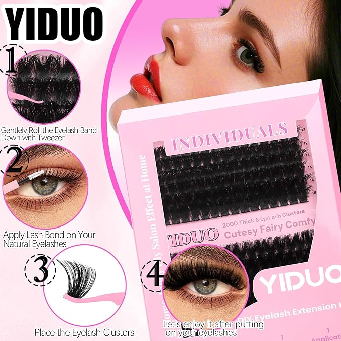 YIDUO Lashes Clusters Kit 200D Volume EyeLash Clusters 12-22MM D Curl Wispy Lashes Extensions Kit 180pcs Thick Individual False eyelashe Extension with Bond and Seal |Tweezers |Removers |Eyelash Brush
