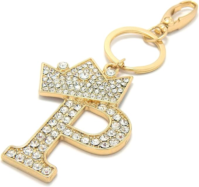 CBC Crown Crystal Rhinestone Letter Initial Keychain, Gold Metal, Bag Charm with Key Ring Approx. 2.17" x 2.56"