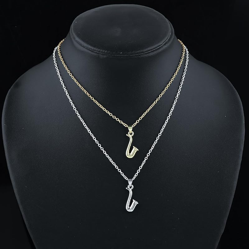 JOR Saxophone Charm Pendant Necklace, Relationship Goal, CZ, Women Jewelry, Dainty Gold & Silver Plated Combo Chain 18 inch (Pack of 2)