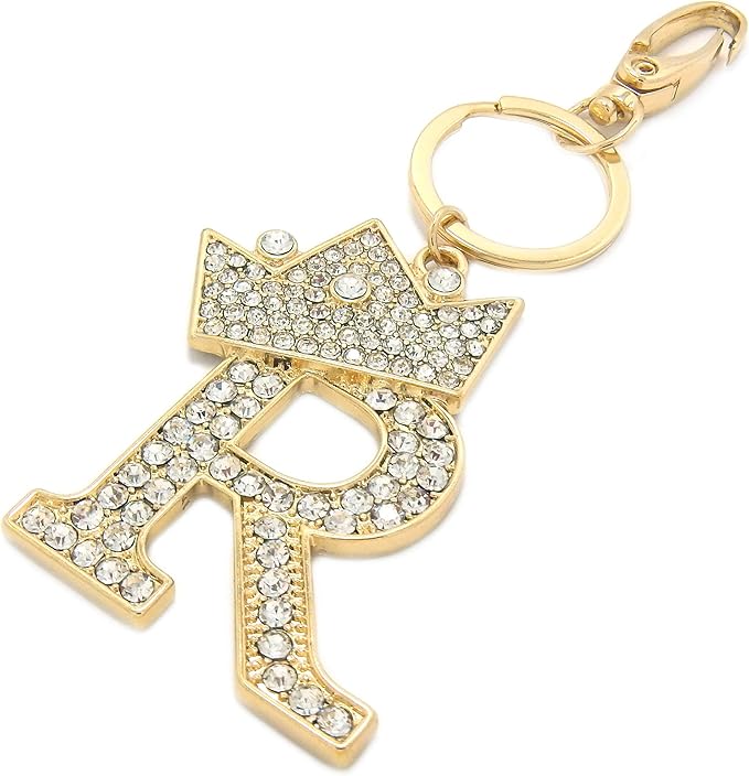 CBC Crown Crystal Rhinestone Letter Initial Keychain, Gold Metal, Bag Charm with Key Ring Approx. 2.17" x 2.56"