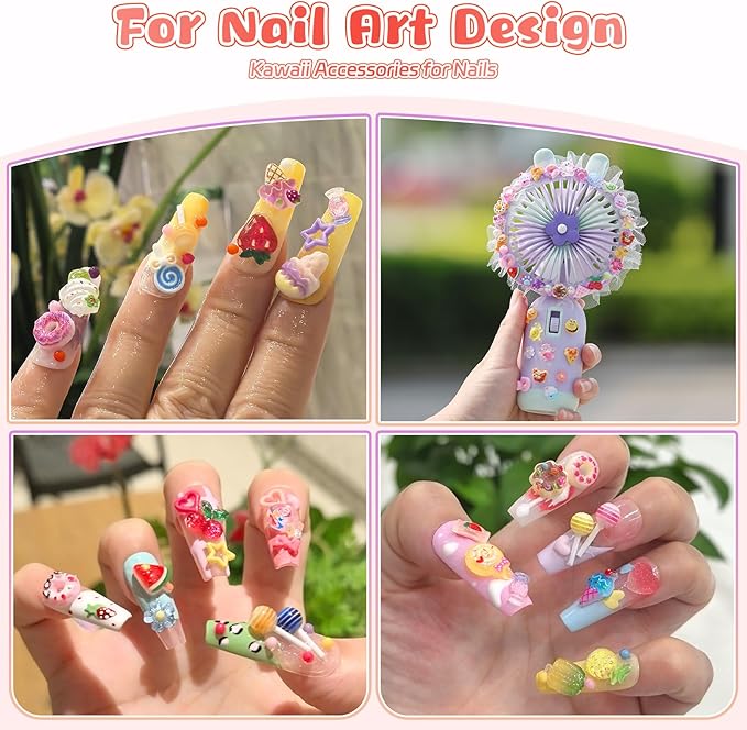 210PCS Kawaii Candy Nail Charms Kit: 3D Lollipop, Donut & Fruit Resin Charms for Acrylic Nails, Sweet Nail Art Supplies with Tweezers for DIY Crafts, Slime & Shoe Decor