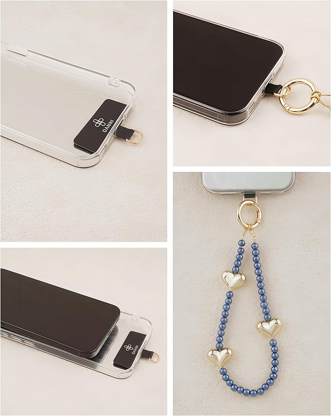Beaded Phone Wrist Strap for Women Pearl Wristlet Strap Cute Phone Lanyard Golden Heart Shaped Bead Cellphone Chain (Blue)