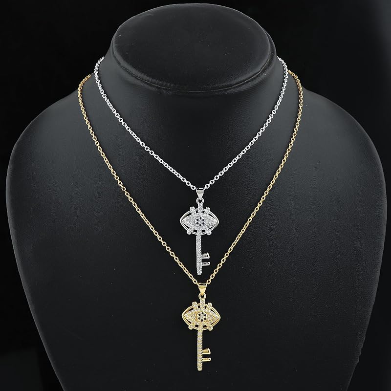 JOR Key with CZ Charm Pendant Necklace, Bonding Charm, Men & Women Unisex Jewelry, Dainty Gold & Silver Plated Chain Combo 18 inch (Pack of 2)