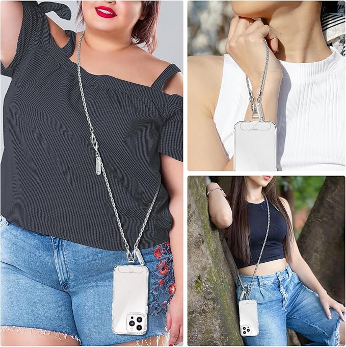Metal Phone Chain, Crossbody Detachable Phone Lanyard with 1*Wrist Strap & 2* Tether Tabs for iPhone and Smartphones (Pale Silver,Extend)