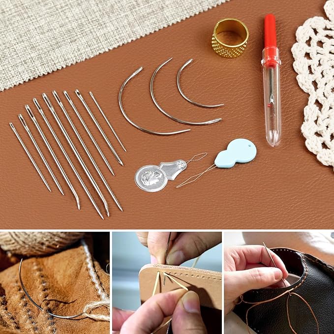 FIVEIZERO Heavy Duty Hand Sewing Needles Set - Large Eye Leather Sewing Needles for Hand Stitching,Upholstery, Carpet,and Canvas Repair, Including Curved Sewing Needles and Needle Threaders
