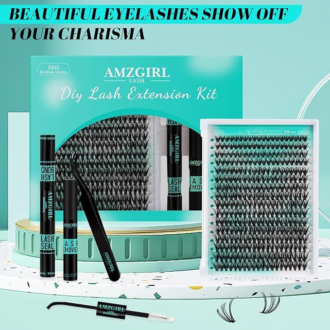 Lash Extension Kit 320Pcs,DIY Individual Lashes Clusters Kit,Lash Bond And Seal,Lash Remover For Eyelashes Extensions,Lash Applicator Tool For False Eyelash Cluster Kit At Home(30D,D-Mix9-16mm Kit)