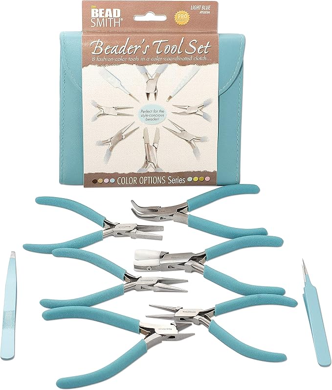 The Beadsmith Fashion Color Pliers – Set of 8 Slimline Color-Coordinated Tools – Matching Clutch in Light Blue – Jewelry Making Supply Kit to Create Necklaces, Bracelets, Earrings & More
