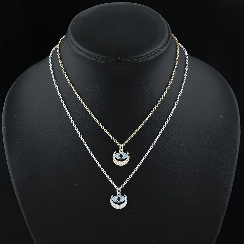 JOR Evil Eye Charm Pendant Necklace, Women Jewelry, Dainty Gold & Silver Plated Combo Chain 18 inch (Pack of 2)