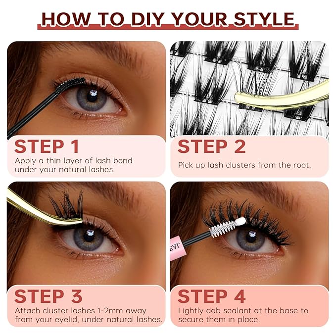 JOLIETIFY Lash Extension Kit, Medium Dense, 8-16mm, DIY Faux Mink Cluster Lashes, Waterproof Bond & Seal, Reusable Individual Lashes, Lash Tweezers, Eyelash Remover, Soft & Fluffy, for Beginners
