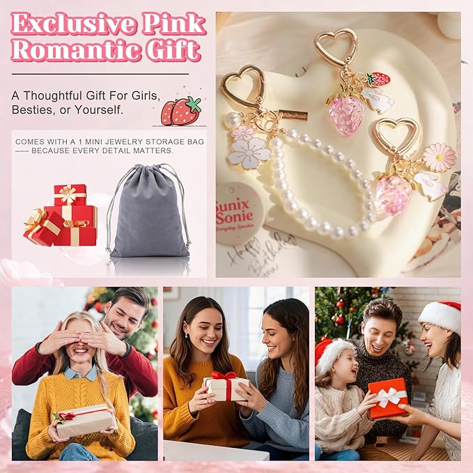 2Pcs Strawberry Keychain Flower Cherry Blossom Keychain Cute Bag Charms Strawberry Gift for Women Girls