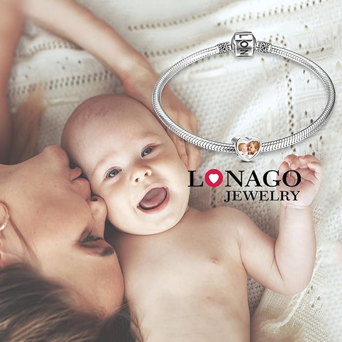 LONAGO 925 Sterling Silver Personalized Photo Charm Fit Compatible for Bracelet Necklace Customized Heart Round Shape Picture Bead