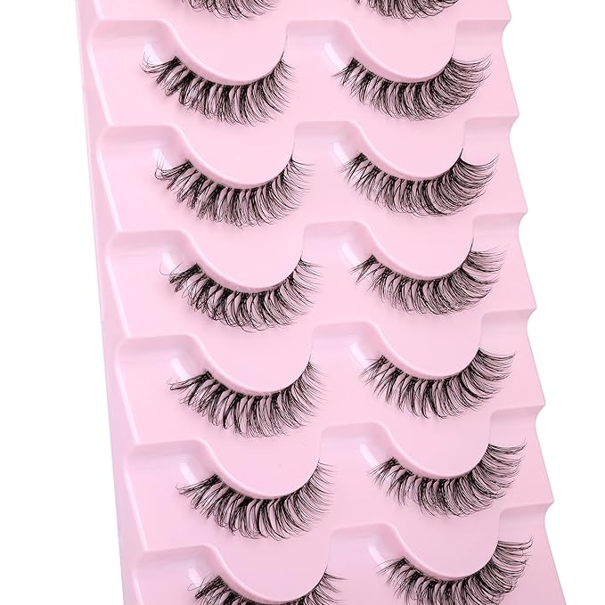 JIMIRE Lashes Natural Look Clear Band Demi-Wispies Short False Eyelashes Fluffy 3D Cat Eye 13MM Strip Lashes 7 Pairs Pack