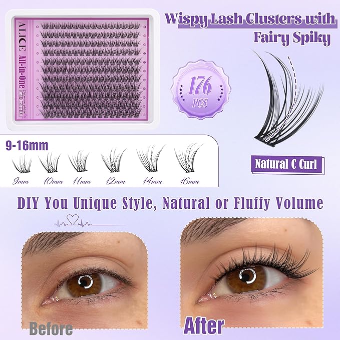 ALICE Natural Lash Clusters Kit Wispy Lash Extension Kit Cluster Eyelash Extension Kit C Curl 9-16mm Individual Lashes with Lash Glue Bond and Seal Lash Remover and Tweezers