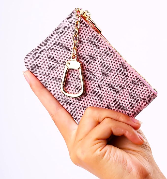 Leather Coin Purse for Women with KeyChain Small Zipper Change Purse coin Pouch Card Holder Wallet Clutch for Women & Men (Pink)