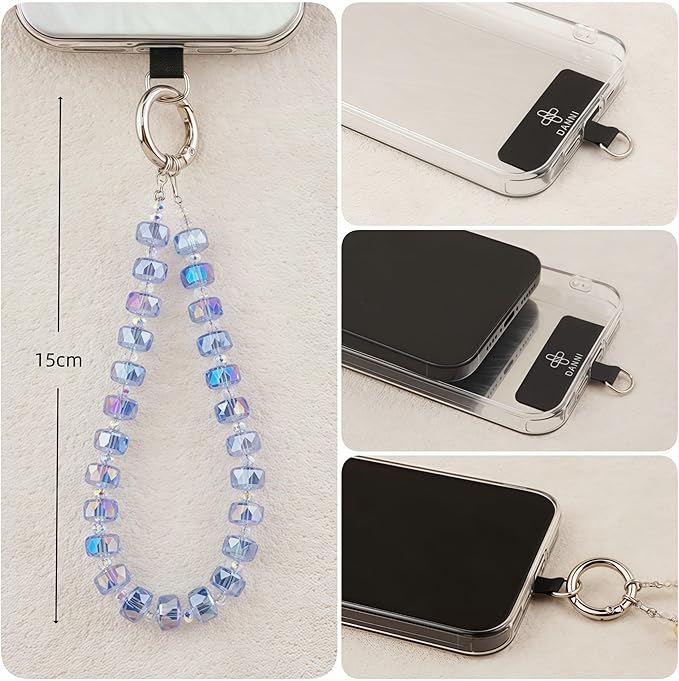 Crystal Beaded Phone Wrist Strap Glass Beads Bracelet Lanyard Crystal Chain Cell Phone Wristlet Strap for Women (Water Blue)