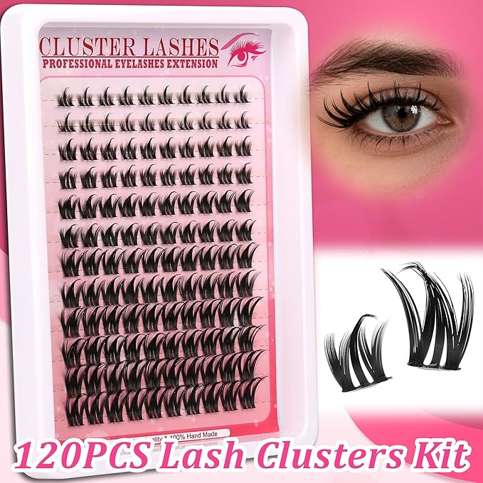 Lash Clusters 120PCS Eyelash Clusters Kit Volume Long 8-18mm C/D Curl Individual Lashes DIY Spiky Lash Extension Mega Cluster Eyelash Extensions Reusable for Beginners Lashes Thick
