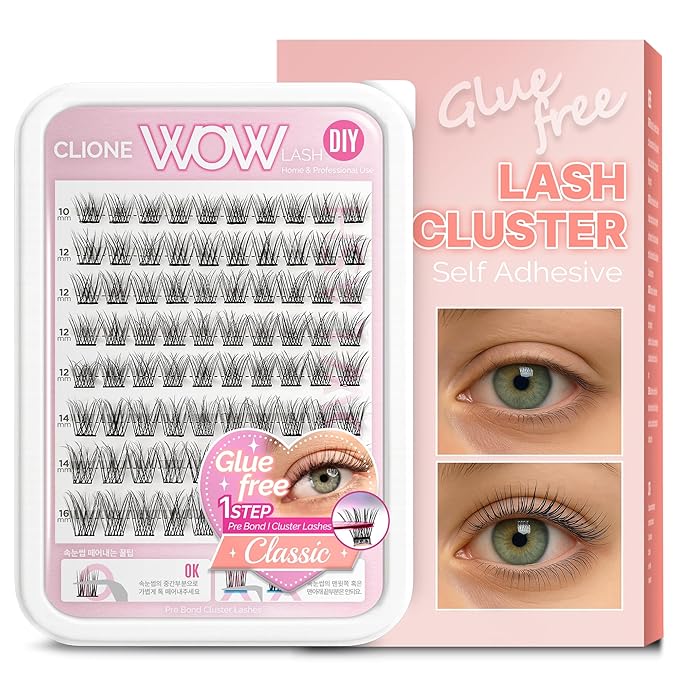 CLIONE PRIME Korean Self Adhesive Lash Clusters Classic Look No Glue Press On Pre Bond Lash Clusters Fluffy Self Adhesive False Eyelashes No Glue Needed Reusable Wispy Eyelash Extensions
