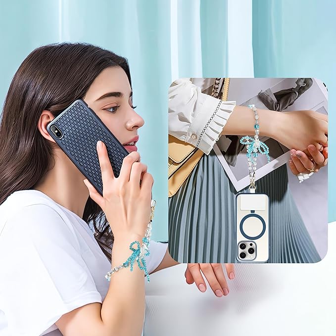 Marble Beaded Phone Wrist Strap,Detachable Phone Bracelet Strap with Tether Tab,Hands-Free Wristlet Strap (Blue & White)