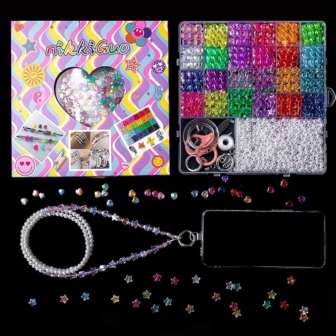nikkiGuo 800 Piece Acrylic Bead Jewelry Making kit, Heart-Shaped Pearl Beads -24 Color AB Iridescent Transparent Beads, Bracelet kit, Necklace, Keychain, DIY Friendship Bracelet Set Box