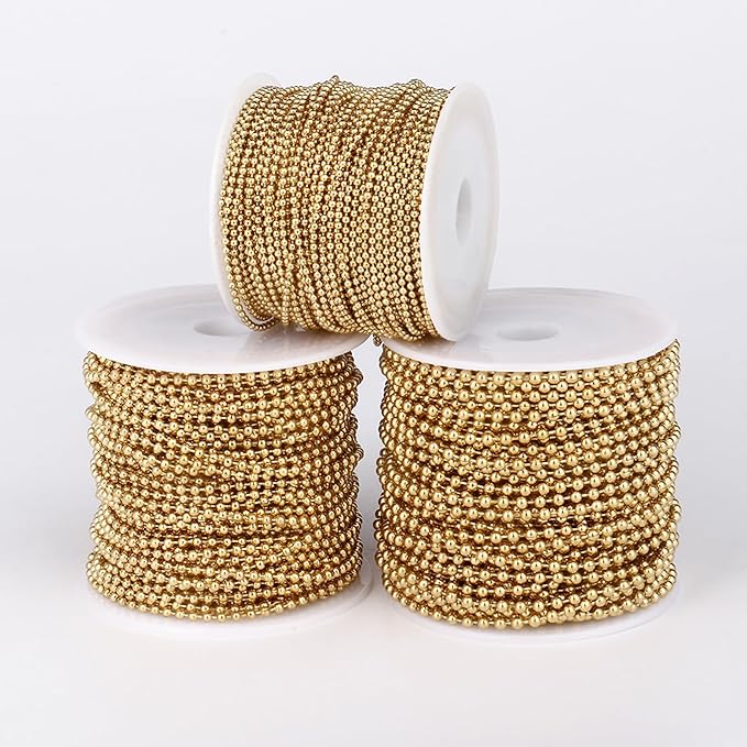 50FT 18K Gold PVD Plated Ball Bead Chains Roll, 1.5mm Gold Stainless Steel Ball Beaded Chains Spool with 30 PCS Connectors Bulk for Jewelry Making