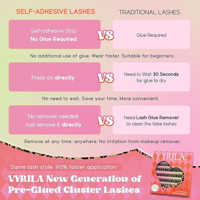 VYRILA Self Adhesive Lash Clusters Kit, D Curl Wispy Pre Glued Lash Extensions with Tweezers, Reusable 0.1mm Ultra Thin Band Natural Eyelashes, Easy Apply Eyelash Clusters for Beginners(PG-ZE04)