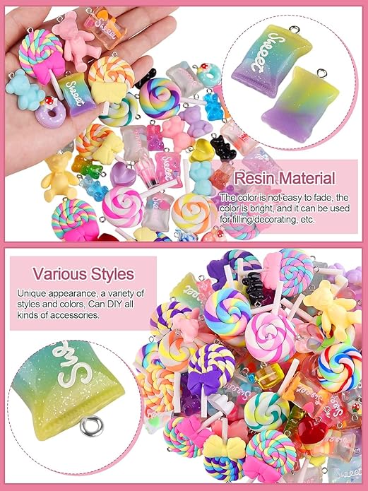 Kalolary 90PCS Candy Pendant Charms Colorful Polymer Clay Sweet Lollipop Charms Bear Charm Cute Ice Cream Pendant Ornaments for Women Girls Necklace Bracelet DIY Jewelry Craft