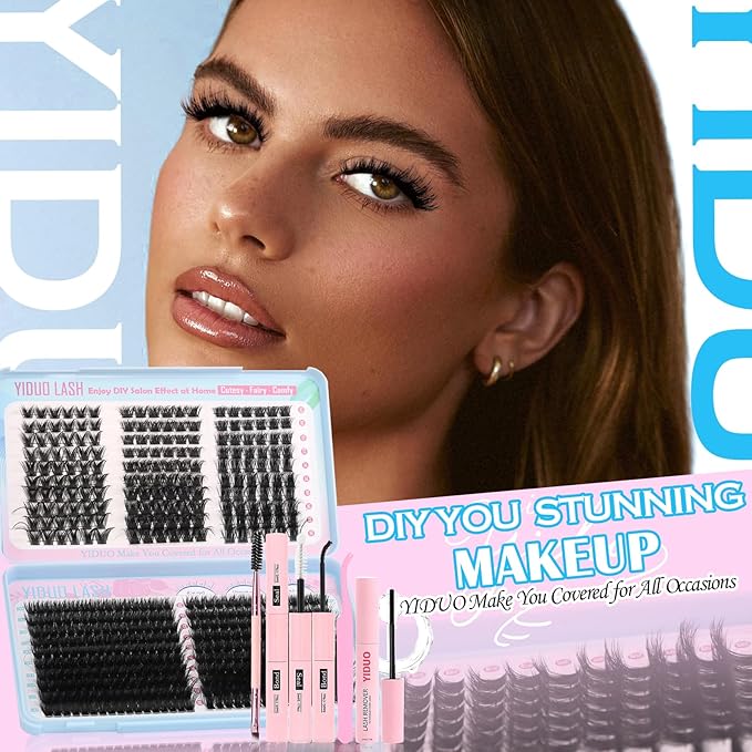 YIDUO 5 Styles Eyelash Clusters Kit 80D 100D Volume D Curl Wispy Individuals lash Extensions Kit, Volume Studio Effect, Fake Eyelashes 500Pcs All-in-1 Pack with Glue |Tweezers |Removers |Brush