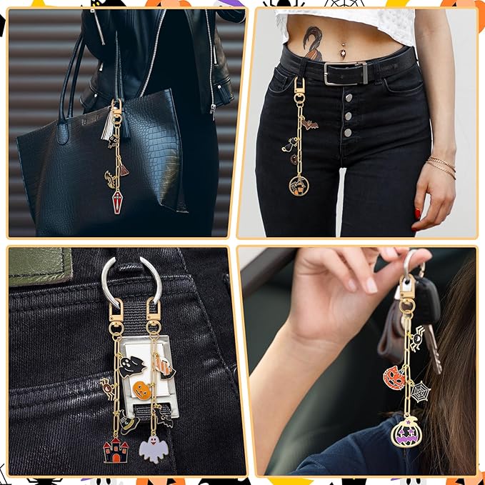 Tondiamo 266 Pieces Halloween DIY Gold Keychain Making Kit Bat Witch Hat Bag Charm Jewelry Making Pumpkin Ornaments Bulk for Key Ring Art Adults Women Bag Gift